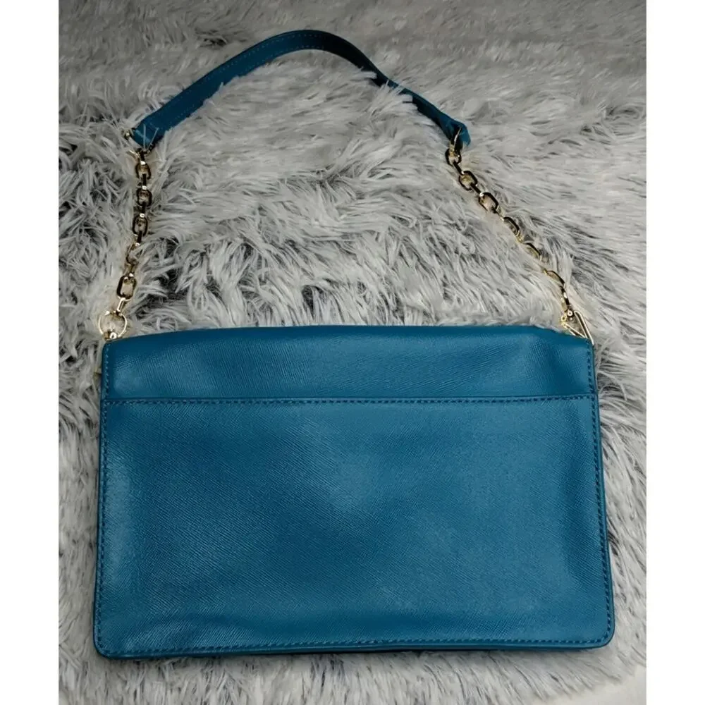 Tory Burch Robinson Envelope Clutch Saffiano Leather Pocket Chain Turquoise Blue